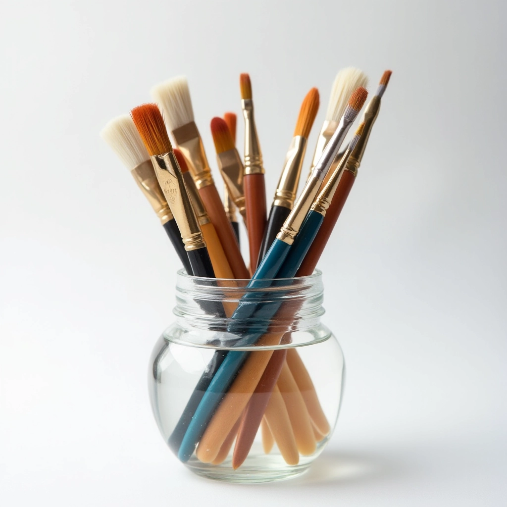 Proper brush cleaning setup showing brushes soaking in water jar with gentle bristle care demonstrated