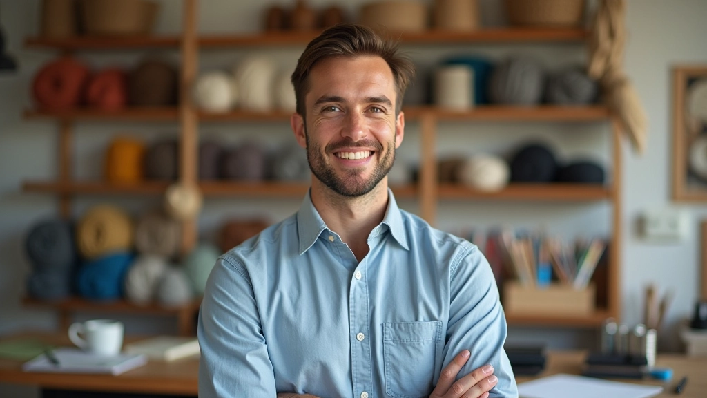 Tomáš, art supplies specialist with expertise in quality materials, portrait from chest up, professional setting, even lighting, sharp focus, NO text