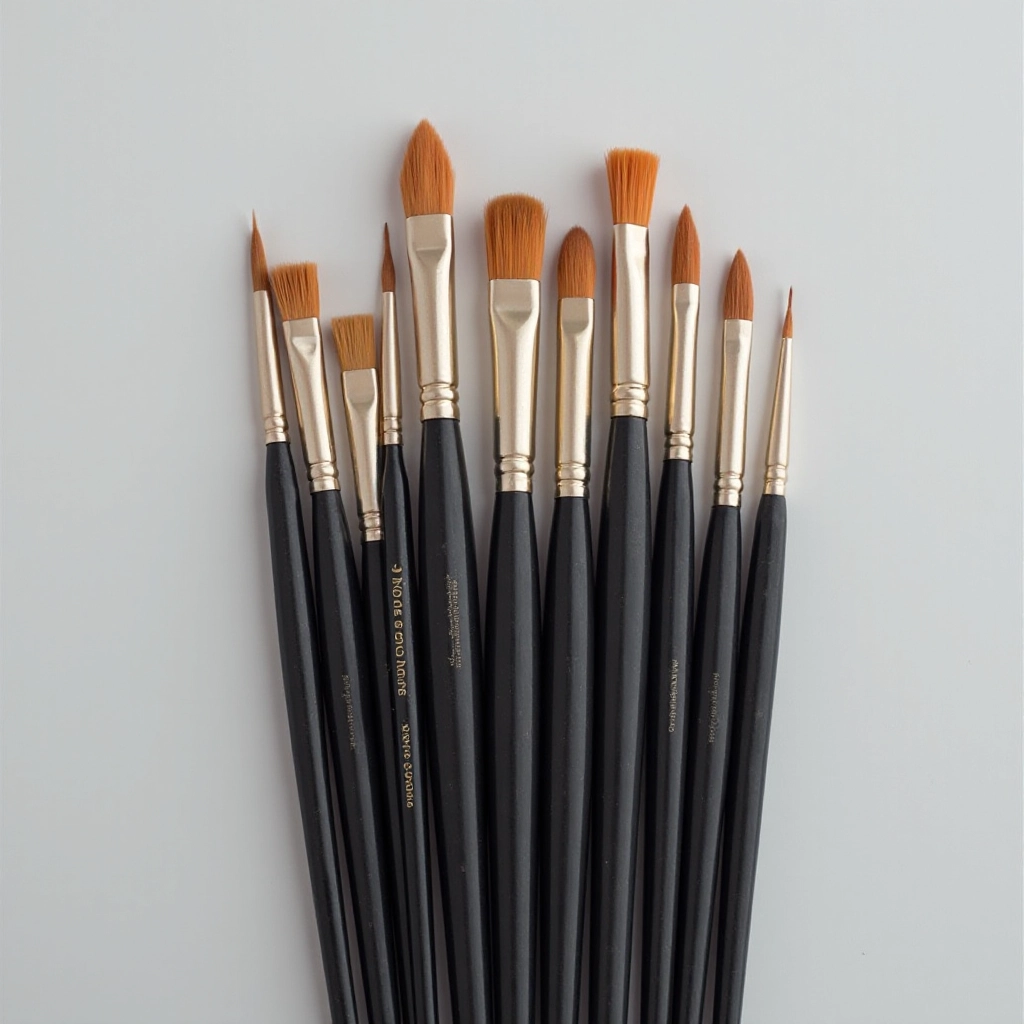 Winsor & Newton professional brush set with ten sable brushes arranged in fan pattern, wooden handles visible, studio lighting
